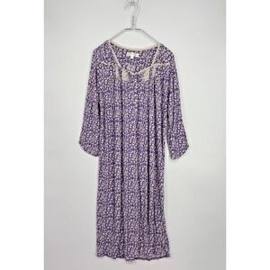 Eileen West Nightgown L Purple Floral Long Knit Long Sleeve Ruffle Cottagecore